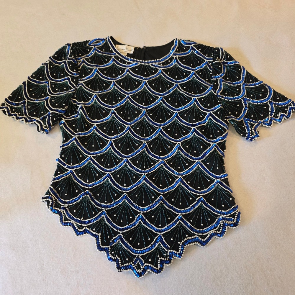 Laurence Kazar Beaded Silk Top Vintage Blue Sequin Pearl Scallop Blouse Large